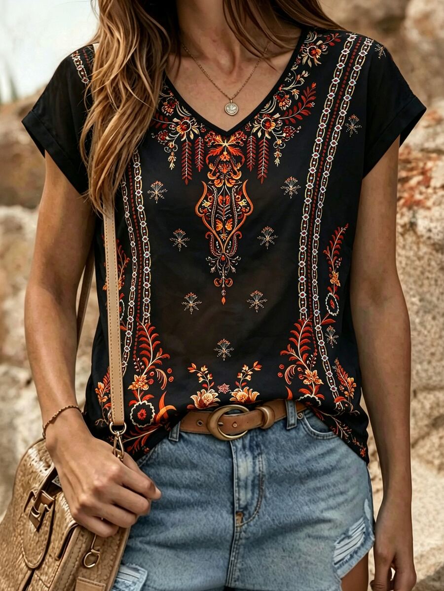 SHEIN LUNE Digital Print Casual Round Neck T-Shirt, Suitable As Gift For Friends - Multicolor - View 1