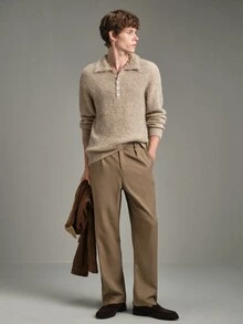 Calmiston Sweater Polo Pria Rajut Tekstur Campuran Wol Kerah Polo Kancing Setengah Plaket Lengan Panjang Warna Polos Kasual Pullover Musim Gugur Musim Dingin Liburan Ulang Tahun Krem - Aprikot - View 6