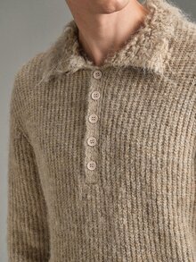 Calmiston Sweater Polo Pria Rajut Tekstur Campuran Wol Kerah Polo Kancing Setengah Plaket Lengan Panjang Warna Polos Kasual Pullover Musim Gugur Musim Dingin Liburan Ulang Tahun Krem - Aprikot - View 11