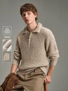 Calmiston Sweater Polo Pria Rajut Tekstur Campuran Wol Kerah Polo Kancing Setengah Plaket Lengan Panjang Warna Polos Kasual Pullover Musim Gugur Musim Dingin Liburan Ulang Tahun Krem - Aprikot - View 1