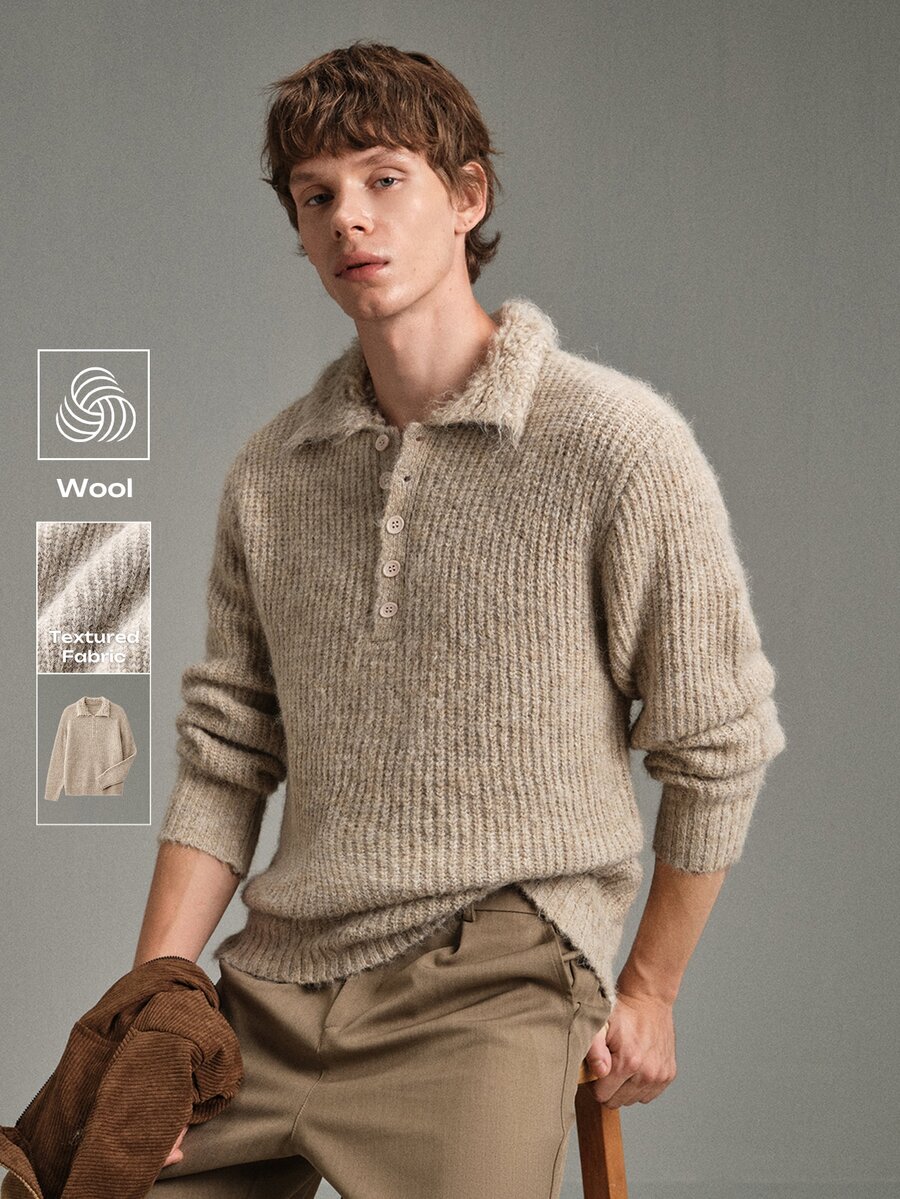 Calmiston Sweater Polo Pria Rajut Tekstur Campuran Wol Kerah Polo Kancing Setengah Plaket Lengan Panjang Warna Polos Kasual Pullover Musim Gugur Musim Dingin Liburan Ulang Tahun Krem - Aprikot - View 1