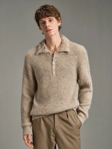 Calmiston Sweater Polo Pria Rajut Tekstur Campuran Wol Kerah Polo Kancing Setengah Plaket Lengan Panjang Warna Polos Kasual Pullover Musim Gugur Musim Dingin Liburan Ulang Tahun Krem - Aprikot - View 4