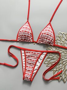 Swim Mod Women's New Fashion Sexy Textured Fabric Bikini Set With Shell Pendant, Bikini Swimwear For Vacation, Cruise, Beach Wear - Red - View 4