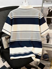 Manfinity Joysei 男士休闲简约蓝白条纹Polo衫，适合春夏、户外、校园穿着。 - 藍色 - 查看 3