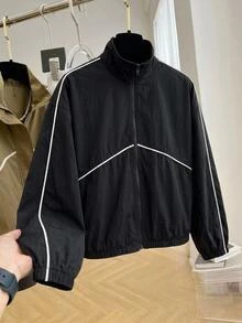 SHEIN 青少年女孩休閒秋季夾克，梭織黑色配白色對比色，芽繩裝飾立領外套 - 黑色 - 查看 2