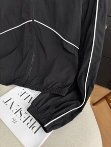SHEIN 青少年女孩休閒秋季夾克，梭織黑色配白色對比色，芽繩裝飾立領外套 - 黑色 - 查看 6