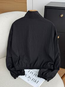 SHEIN 青少年女孩休閒秋季夾克，梭織黑色配白色對比色，芽繩裝飾立領外套 - 黑色 - 查看 4