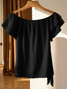 Franclia Women's Solid Color Off-Shoulder Tie Knot Ruffle Trim Striped Blouse - Black - View 2
