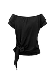 Franclia Women's Solid Color Off-Shoulder Tie Knot Ruffle Trim Striped Blouse - Black - View 4