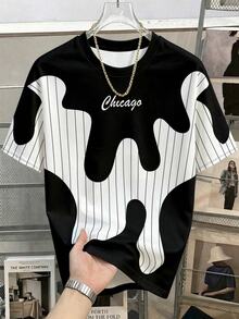 Manfinity Joysei Men's Simple Wavy Striped Print T-Shirt, Suitable For Summer Outings. - Black - View 3