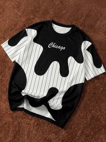 Manfinity Joysei Men's Simple Wavy Striped Print T-Shirt, Suitable For Summer Outings. - Black - View 1