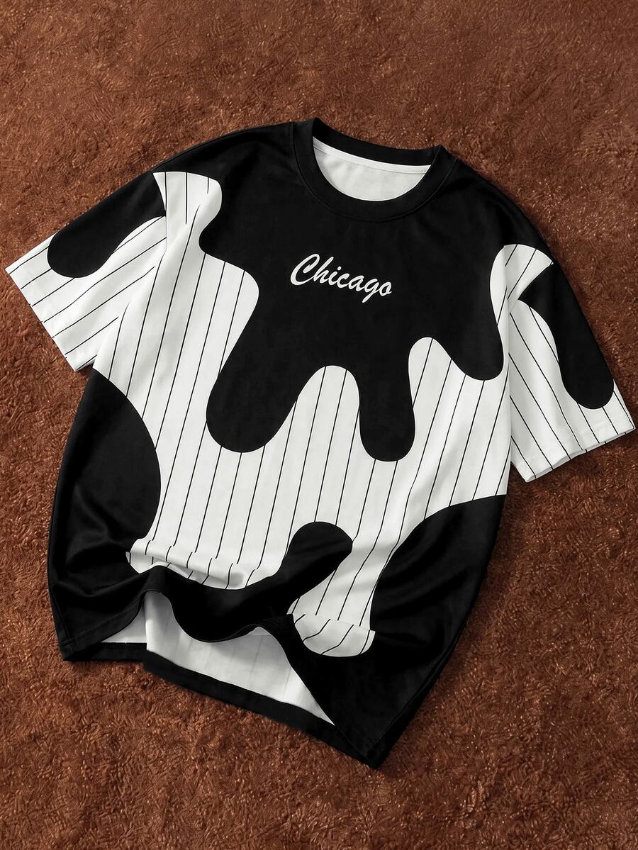 Manfinity Joysei Men's Simple Wavy Striped Print T-Shirt, Suitable For Summer Outings. - Black - View 1