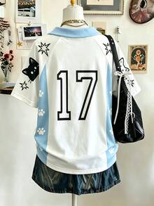 SHEIN 可愛貓咪圖案數位印花時尚簡約女款翻領V領落肩短袖T恤，送給朋友的禮物 - 白色 - 查看 2