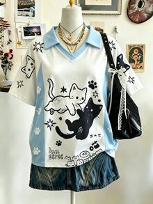 SHEIN 可愛貓咪圖案數位印花時尚簡約女款翻領V領落肩短袖T恤，送給朋友的禮物 - 白色 - 查看 1