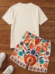 EASEVO Men's Plus Size Floral Print Crew Neck Short Sleeve T-Shirt And Drawstring Waist Pocket Shorts Set, Contrast, Holiday, Vacation - Multicolor - View 2