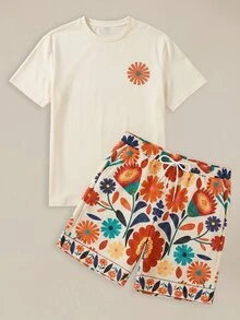 EASEVO Men's Plus Size Floral Print Crew Neck Short Sleeve T-Shirt And Drawstring Waist Pocket Shorts Set, Contrast, Holiday, Vacation - Multicolor - View 1