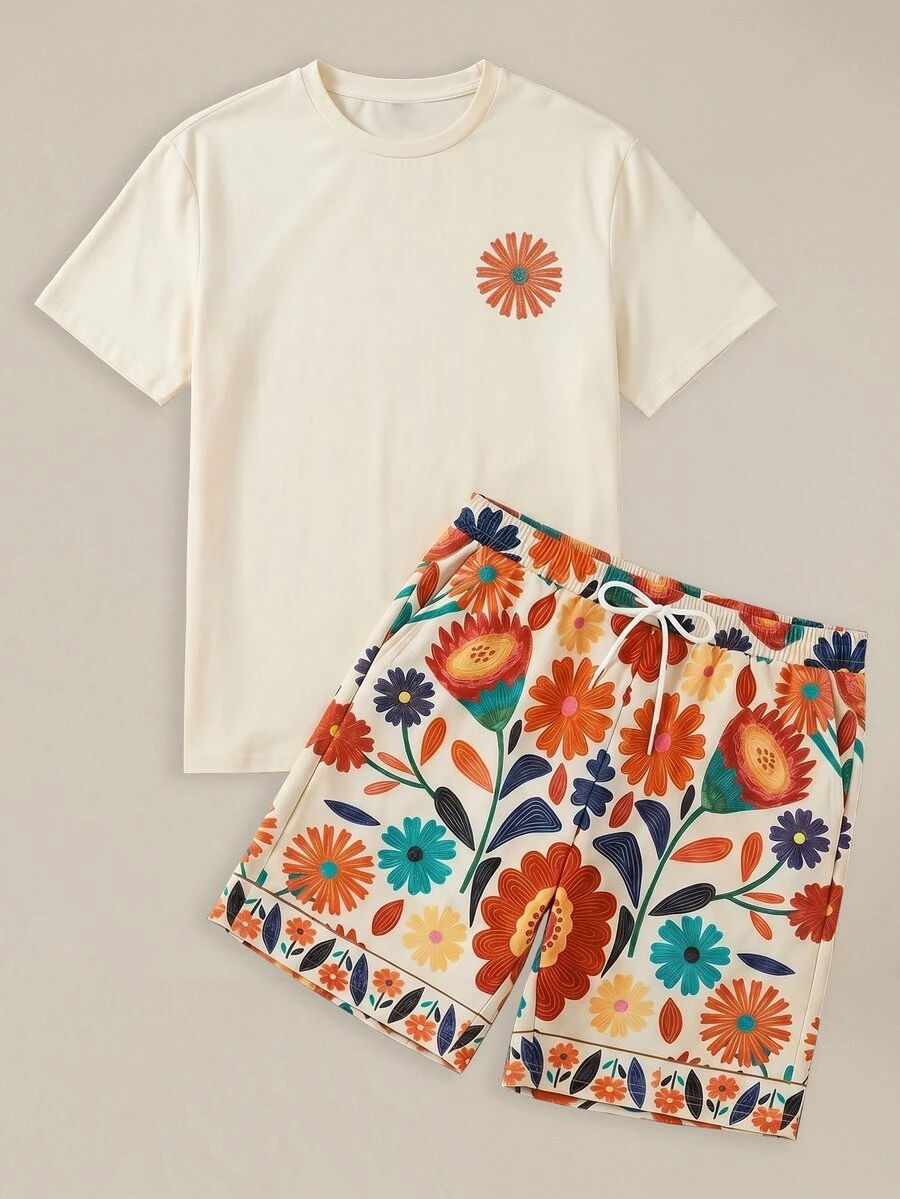 EASEVO Men's Plus Size Floral Print Crew Neck Short Sleeve T-Shirt And Drawstring Waist Pocket Shorts Set, Contrast, Holiday, Vacation - Multicolor - View 1