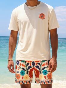 EASEVO Men's Plus Size Floral Print Crew Neck Short Sleeve T-Shirt And Drawstring Waist Pocket Shorts Set, Contrast, Holiday, Vacation - Multicolor - View 3