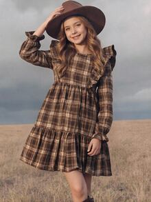 SHEIN Teen Girls Plaid Print Ruffle Trim Flounce Sleeve Smock Dress - Coffee - View 8
