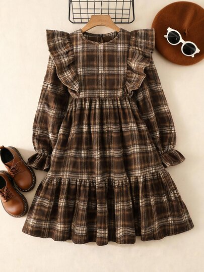 SHEIN Teen Girls Plaid Print Ruffle Trim Flounce Sleeve Smock Dress