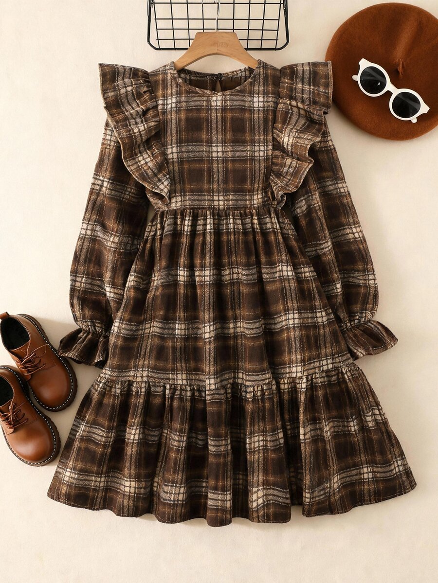 SHEIN Teen Girls Plaid Print Ruffle Trim Flounce Sleeve Smock Dress - Coffee - View 1
