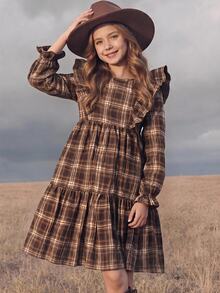 SHEIN Teen Girls Plaid Print Ruffle Trim Flounce Sleeve Smock Dress - Coffee - View 1