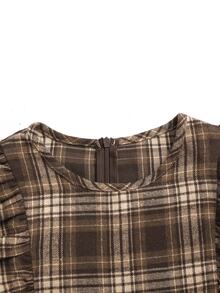 SHEIN Teen Girls Plaid Print Ruffle Trim Flounce Sleeve Smock Dress - Coffee - View 4