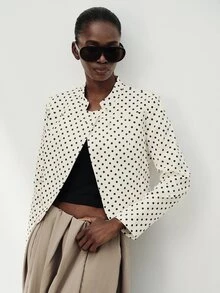 Lumivelle French European Style Vintage Fashion Polka Dot Stand Collar Casual Slim Fit Short Length Minimalist Versatile Long Sleeve Lightweight Jacket - Multicolor - View 2