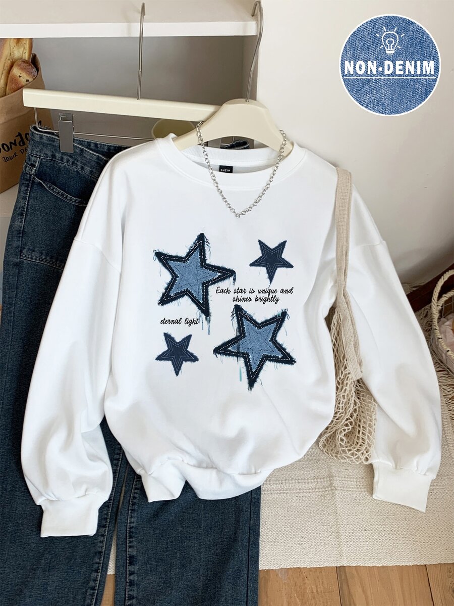 SHEIN EZwear 休闲简约星星印花圆领宽松大码女式运动衫 - 白色 - 查看 1