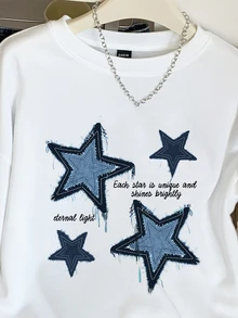 SHEIN EZwear 休闲简约星星印花圆领宽松大码女式运动衫 - 白色 - 查看 4