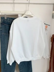 SHEIN EZwear 休闲简约星星印花圆领宽松大码女式运动衫 - 白色 - 查看 2