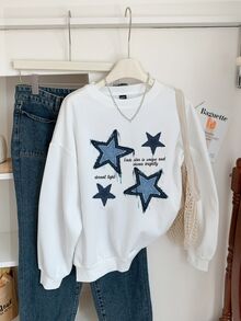 SHEIN EZwear 休闲简约星星印花圆领宽松大码女式运动衫 - 白色 - 查看 5