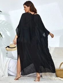 Swim Lushoire 大碼素色蝙蝠袖罩衫連衣裙不附帶比基尼套裝 - 黑色 - 查看 2