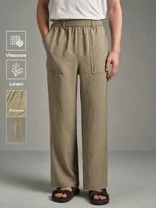 Calmiston Men's Drawstring Waist Striped Pocket Straight Leg Loose Fit Pants Solid Color Button Pleated Casual Versatile Daily Wear Office Pants - Green - View 1