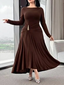Modelyn Plus Size Elegant Commuter Metal Decor Dress - Coffee Brown - View 4