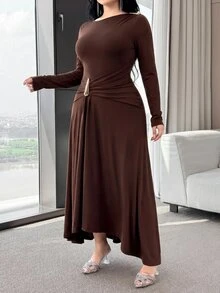 Modelyn Plus Size Elegant Commuter Metal Decor Dress - Coffee Brown - View 6