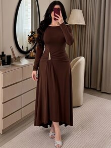 Modelyn Plus Size Elegant Commuter Metal Decor Dress - Coffee Brown - View 2
