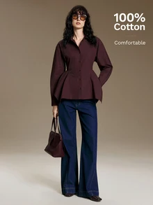 Ontre 2026 New Autumn Women's Blouse, Loose Fit, Popular Solid Purple-Red Long Sleeve Top, Lapel Collar, Ruffle Trim, Button Front, Design-Driven Casual Commuter Urban Modern Minimalist Elegant Tea Party Independence Day Old Money Style Teacher Outfit Women's Office Wear Holiday Outfit Vacation Date Outfit Women's Outing Wear Fashion Versatile Women's Blouse - Burgundy - View 2