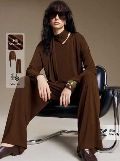 Ontre 2026 New Autumn Women's 2-Piece Set Loose Fit Solid Brown Long Sleeve Top And Wide Leg Pants With Scarf Collar Design, Casual Commute Urban Modern Minimalist Elegant Tea Party Independence Day Old Money Style Teacher Outfit Office Wear Holiday Outfit Vacation Date Outfit Women's Outing Fashion Versatile 2-Piece Set