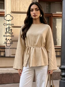 Elenzga Women's Solid Color Long Sleeve Round Neck Blouse With Waist Tie - Khaki - View 4