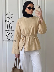 Elenzga Women's Solid Color Long Sleeve Round Neck Blouse With Waist Tie - Khaki - View 1