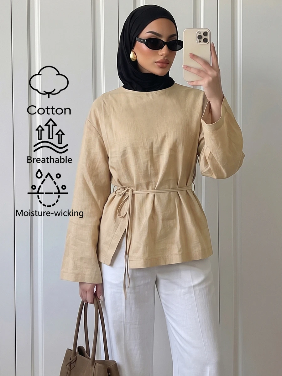 Elenzga Women's Solid Color Long Sleeve Round Neck Blouse With Waist Tie - Khaki - View 1