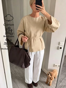 Elenzga Women's Solid Color Long Sleeve Round Neck Blouse With Waist Tie - Khaki - View 3