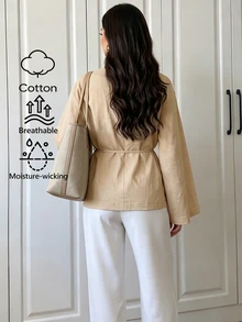 Elenzga Women's Solid Color Long Sleeve Round Neck Blouse With Waist Tie - Khaki - View 2