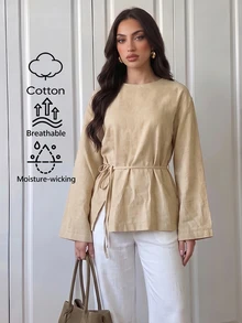 Elenzga Women's Solid Color Long Sleeve Round Neck Blouse With Waist Tie - Khaki - View 5