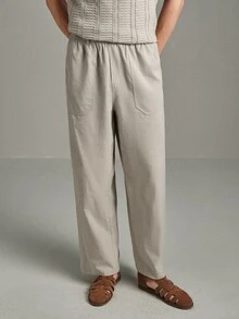 Calmiston Pure Cotton Men's Solid Color Casual Cotton Linen Blend Faux Linen Long Pants With Pockets Formal Old Money - Beige - View 8