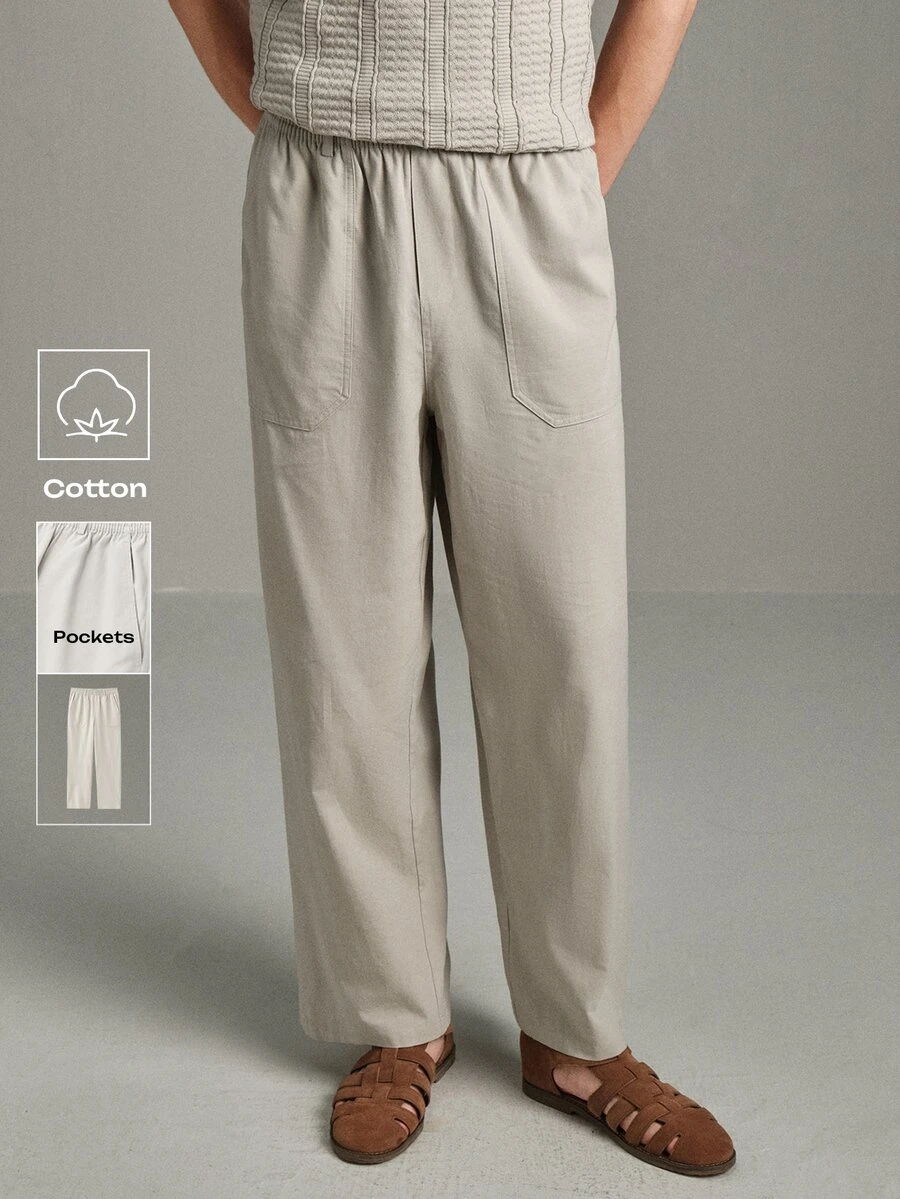 Calmiston Pure Cotton Men's Solid Color Casual Cotton Linen Blend Faux Linen Long Pants With Pockets Formal Old Money - Beige - View 1