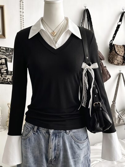 Teen Girl Patchwork Shirt Collar Long Sleeve Casual T-Shirt