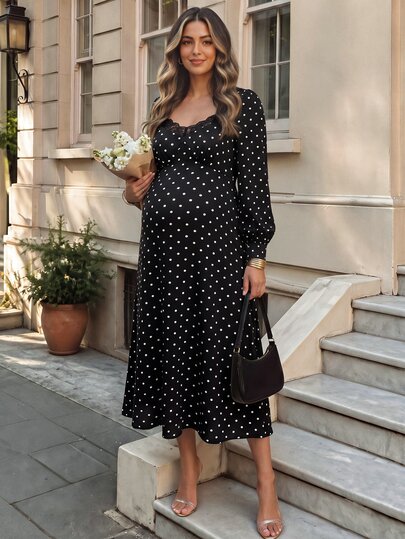 Momance Women's Elegant Commute Romantic Daily Wear Square Neck Long Sleeve Black Polka Dot Maternity Dress