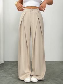 Vivamere Women's Suit Wide Leg Pants With Pleated Detailing,Petite Women Teachers' Day Office Business Beige Summer Casual - Khaki - View 9